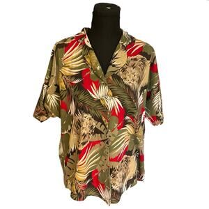 Vintage Just 4 Green and Red Tropical Print Short Sleeve Button Down Size 18W